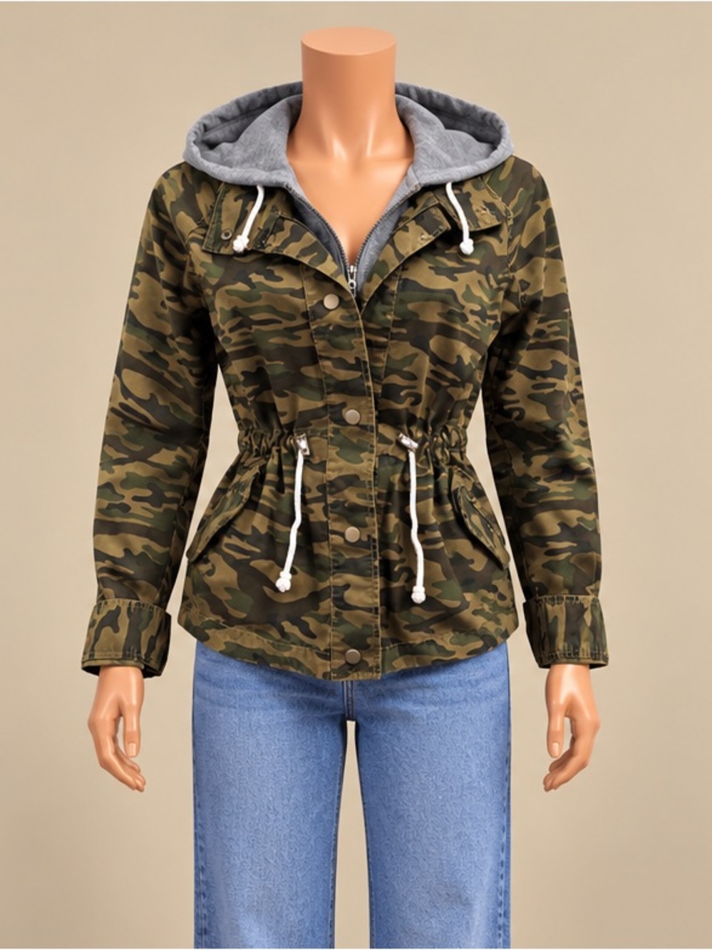 Forever 21 Camo Hooded Faux Layer Utility Cinch Waist Jacket S NWOT